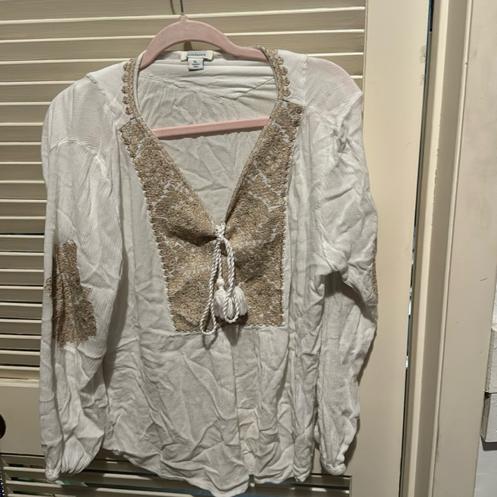 Sundance size XL white & beige blouse, long sleeved, boho, made in India,